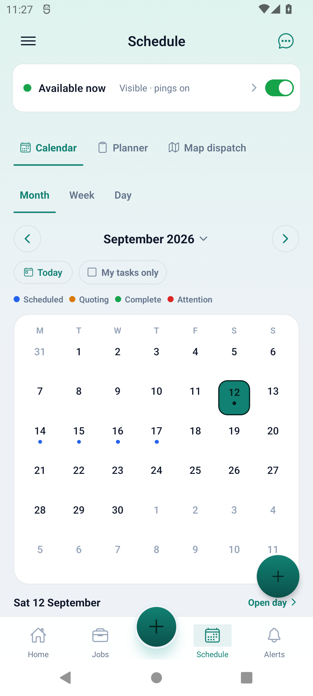 Android Schedule screen in Month view with Today, My tasks only, status dots and Open day, using fictional September 2026 demo visits.
