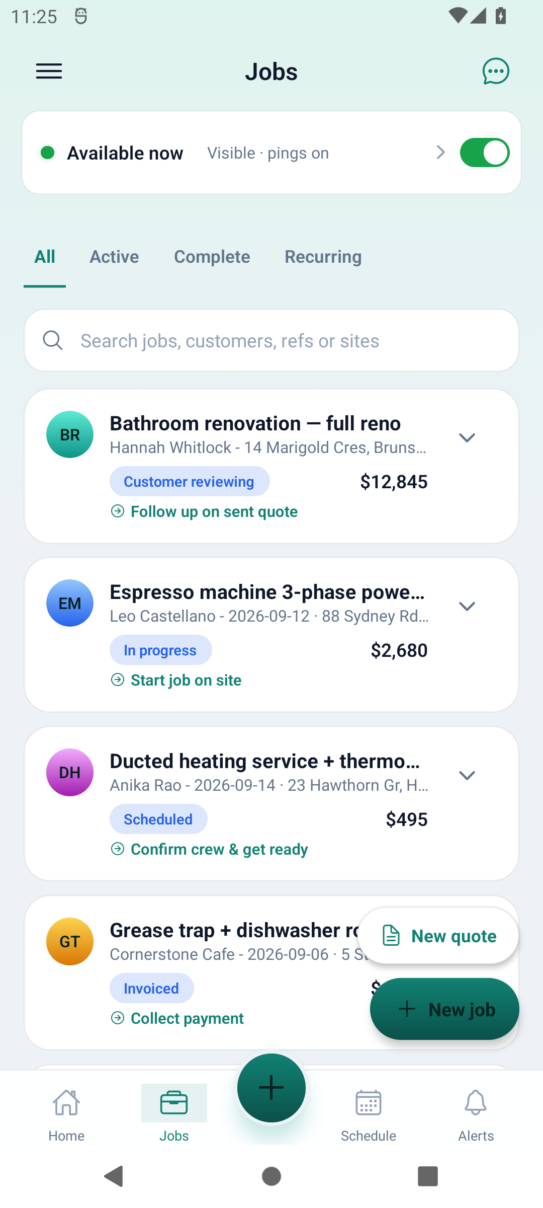 Android Jobs list with All, Active, Complete and Recurring filters, a search box and fictional job rows.