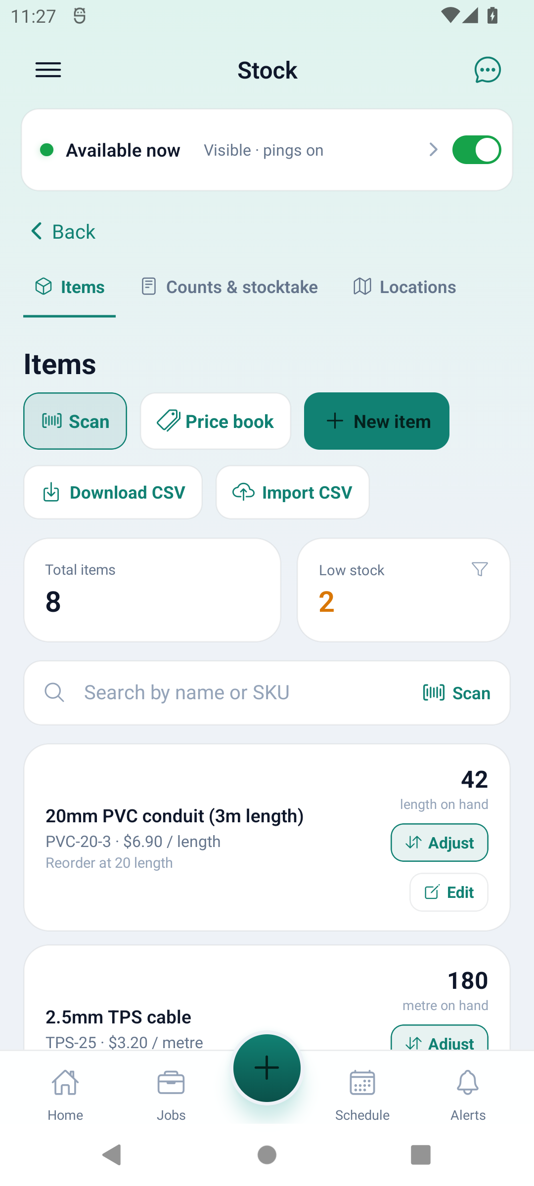 Android Stock Items tab with search, units and quantities, plus Counts & stocktake and Locations tabs; fictional Office demo with cost access.
