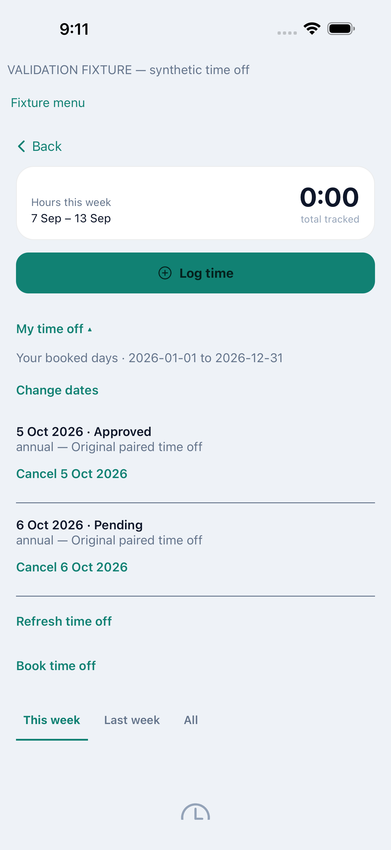 Native Timesheets screen with Log time, week tabs and My time off expanded, using synthetic validation records.