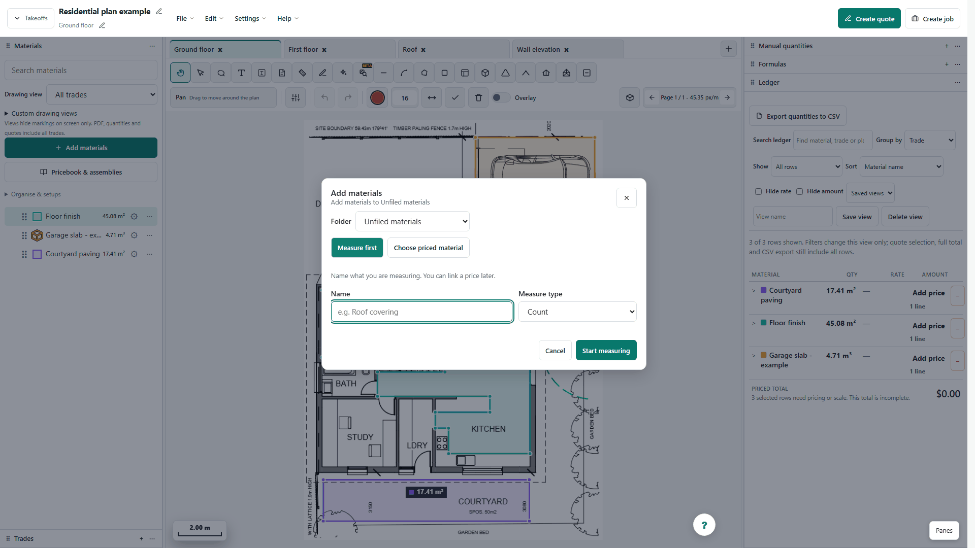 Create a marker material for manual fixture counts. Check the plan legend and review every placement for missed or duplicate symbols.