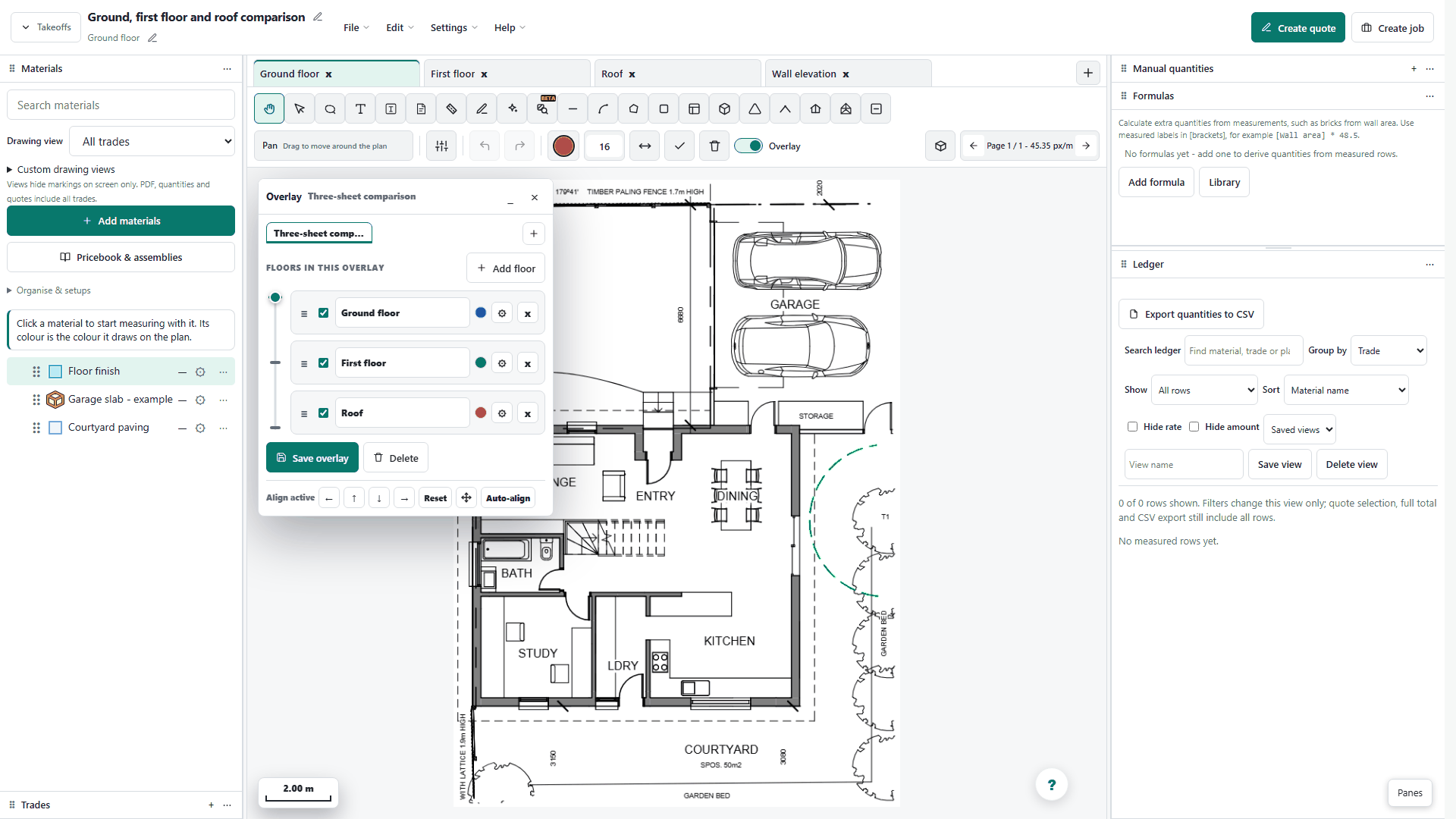 Ground floor, first floor and roof excerpts, aligned using the shared courtyard boundary. All three checked layers participate in the cross-fade; these are different sheets, not three storeys or revisions.