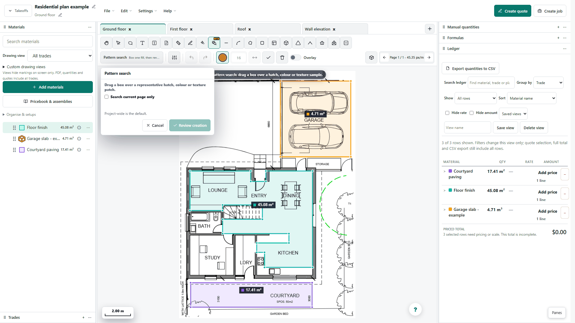 Pattern Search setup on the plan. Select a sample, search and review candidates before confirming; this screenshot does not show confirmed detections.