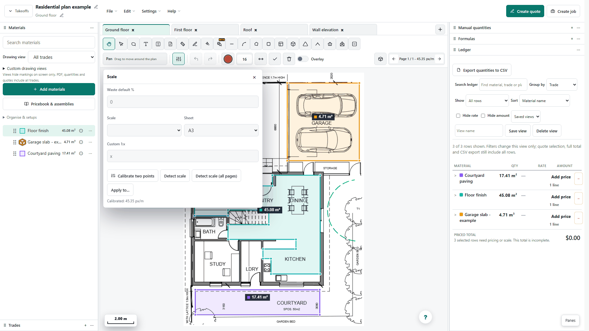 Check the cropped drawing's calibration before measuring. Cropping changes sheet dimensions, so do not reuse an A3 paper-size preset for the excerpt.