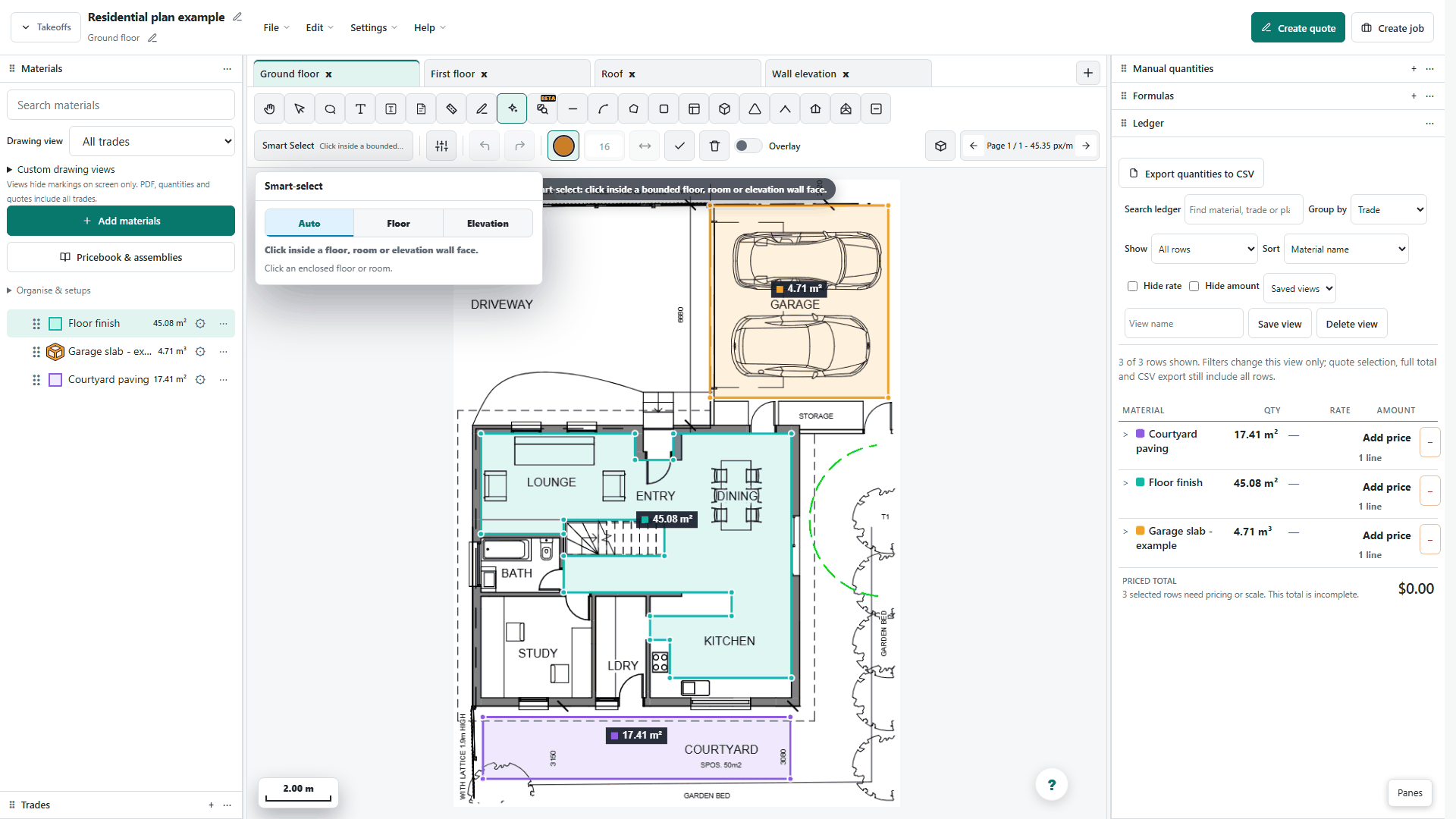Smart Select setup on the cropped plan. Inspect the proposed room boundary and deductions before accepting a measurement.