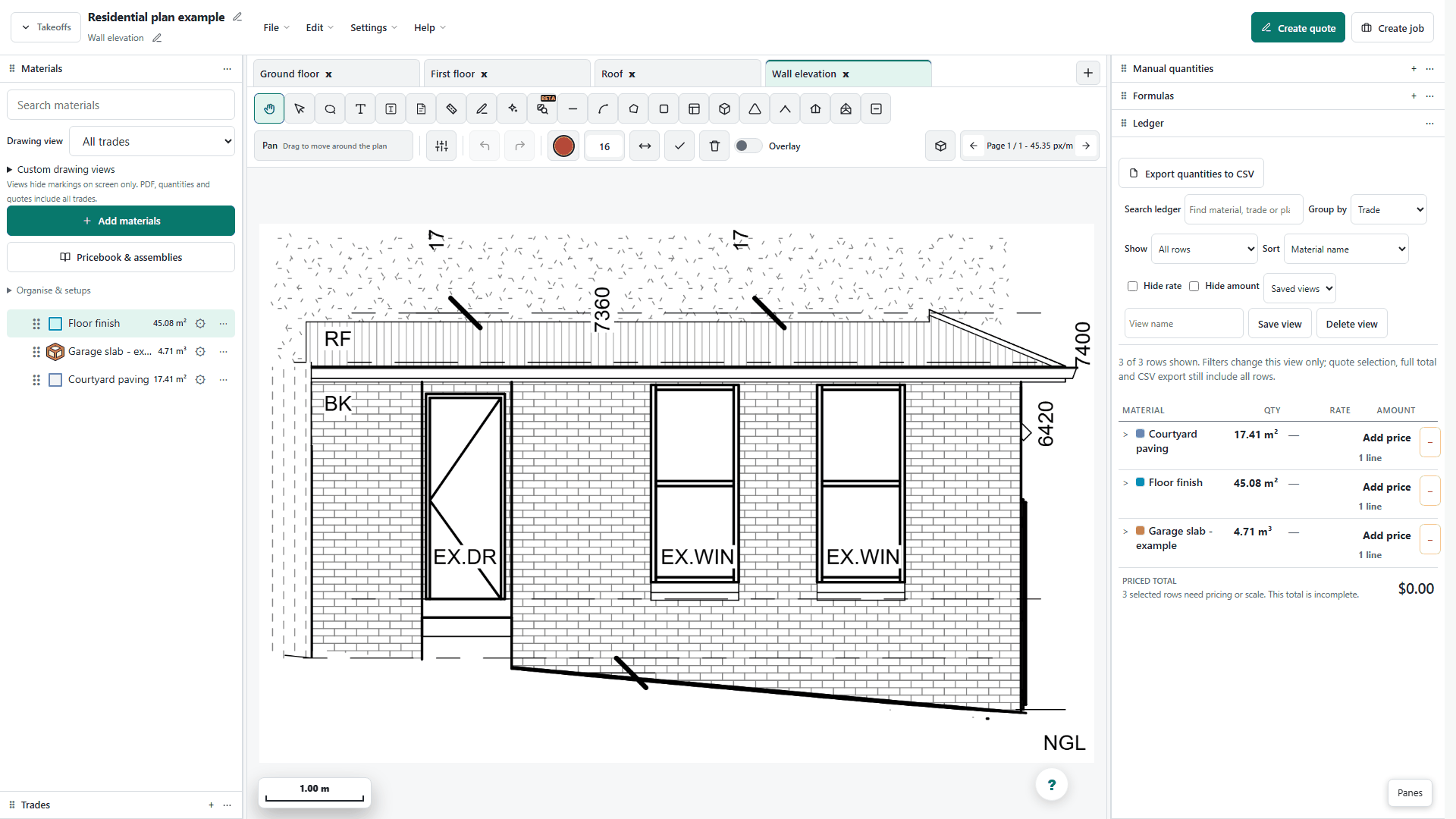 A real vector elevation excerpt without a surface legend. Review surfaces is conditional and is not offered here; use manual measurements when no supported surfaces are detected.