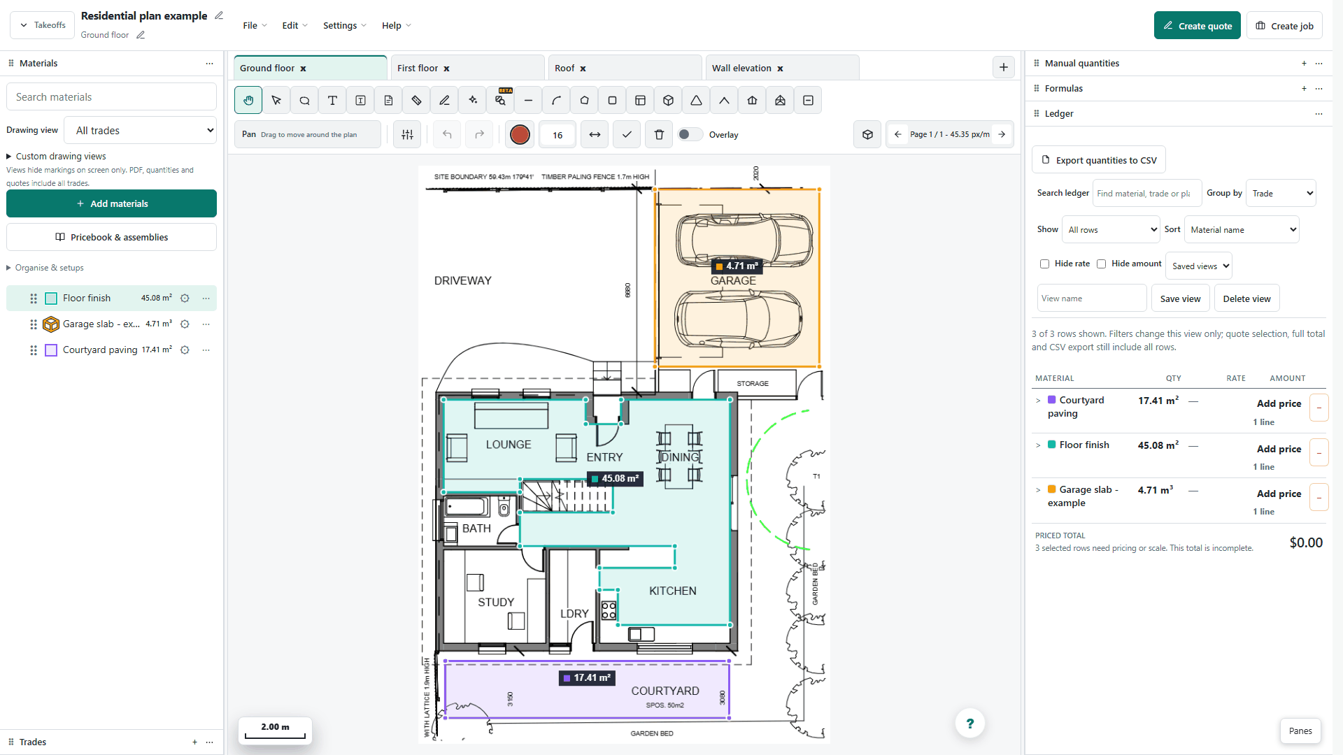 Measured floor finish, garage slab and courtyard paving in the real takeoff workspace. Quantities and rates are teaching examples.