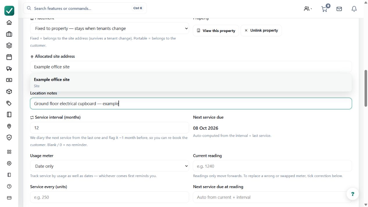 The same example asset exposes date- or usage-based service settings. Check the asset identity, interval and starting readings before saving a maintenance schedule.