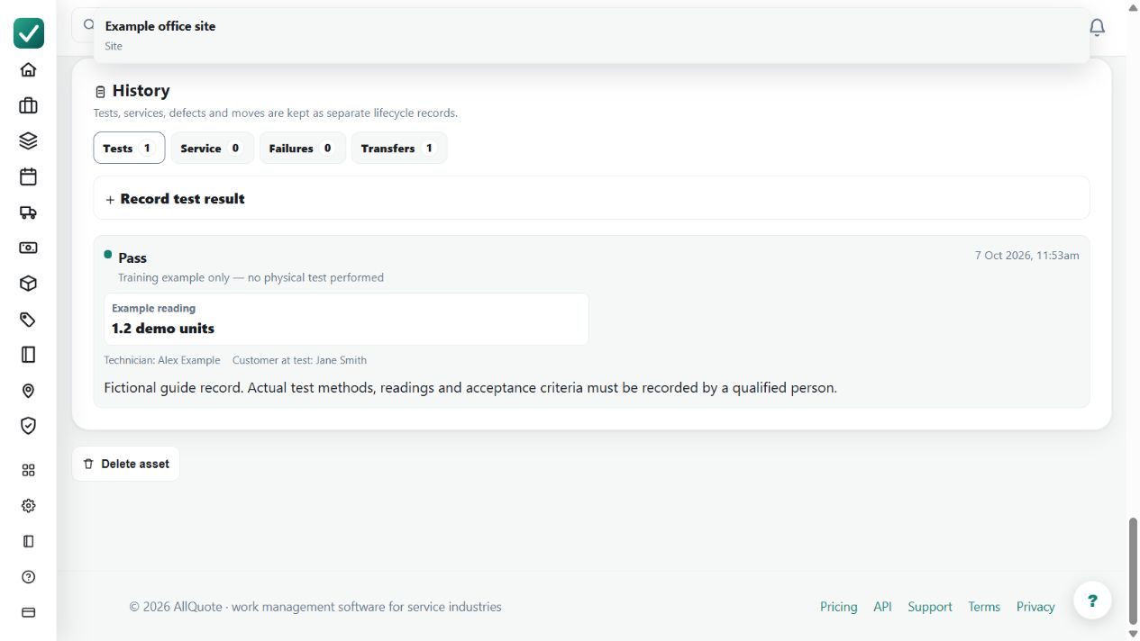 The asset's history separates tests, services, failures and transfers. The visible test is explicitly fictional and no physical test was performed; record real methods, readings and evidence against the correct asset.