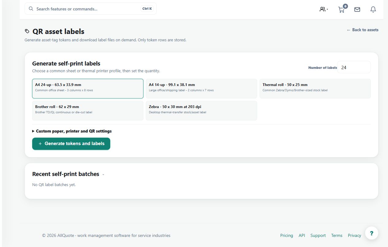 The asset-label screen offers print-profile controls for QR tags. Test a printed label, allocate it to the correct asset and verify signed-in access before applying more labels.