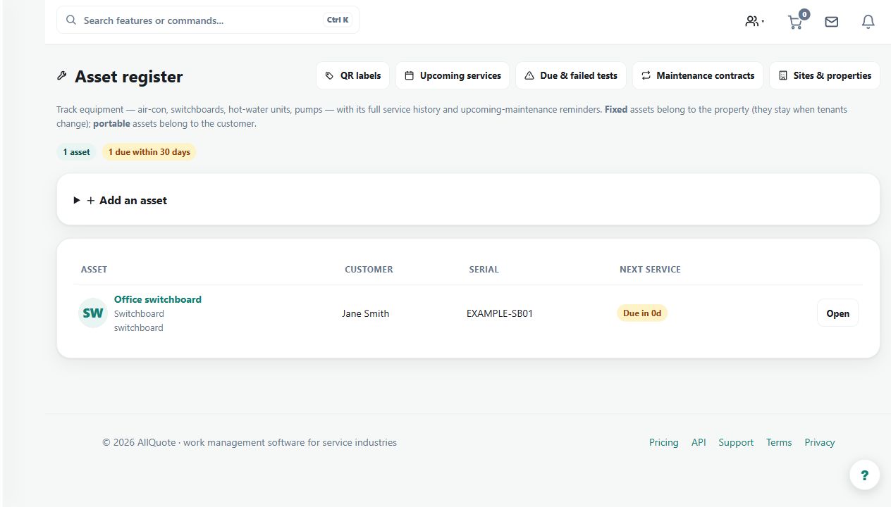The asset register shows Office switchboard, serial EXAMPLE-SB01 and a service-due indicator. Fixed property assets and portable customer-owned assets have different ownership semantics.