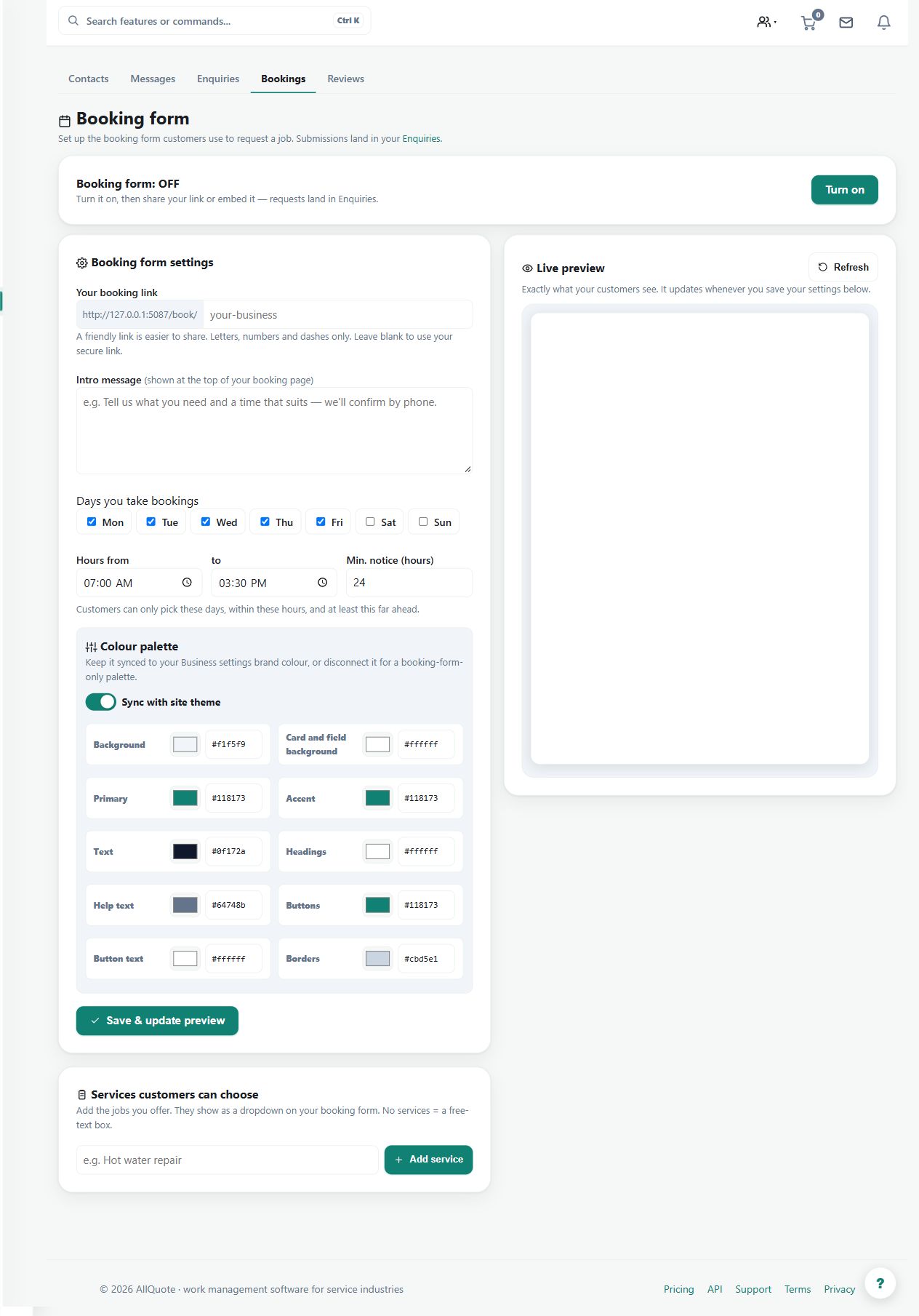 The online-booking configuration shows service and availability controls. This is a setup example; the screenshot does not imply that the form has been enabled or that a customer booking was received.