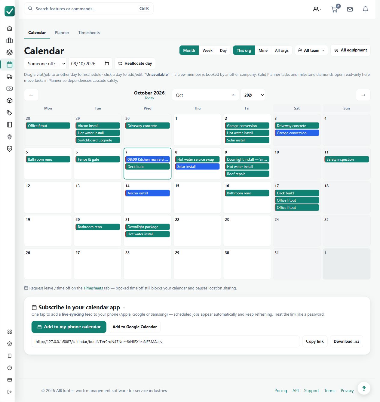 The calendar displays the demo job schedule. External calendar availability requires its own feed setup; a populated calendar does not prove that an external feed is connected.