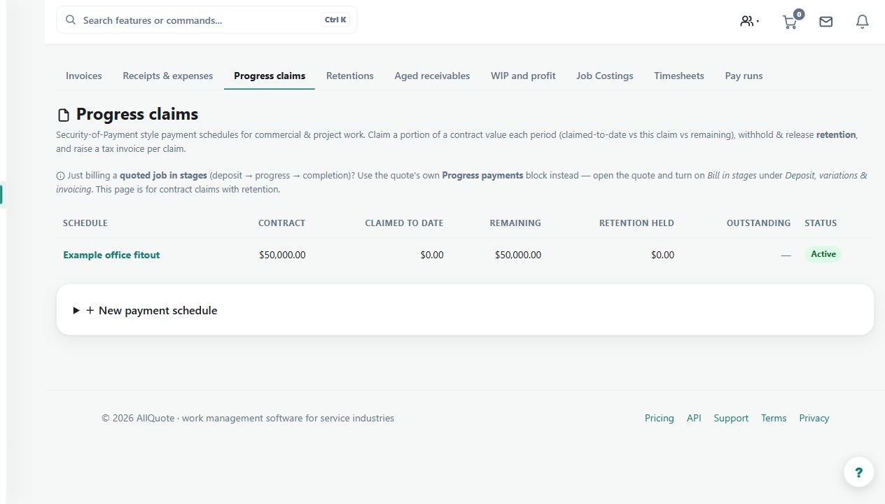 A $50,000 office-fitout claim schedule is listed with rough-in and fit-off scope prepared in the demo business. A schedule is not a certified claim or a payment.