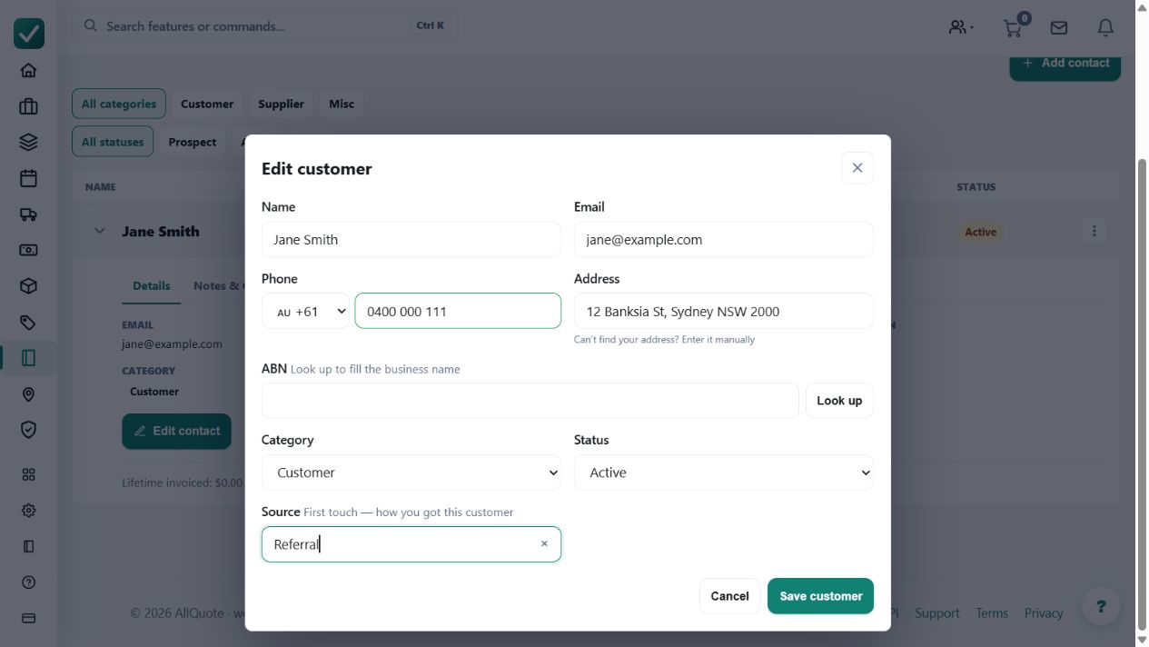 The customer editor selects Referral as the first-touch source. This is an example classification, not a verified advertising-attribution result.