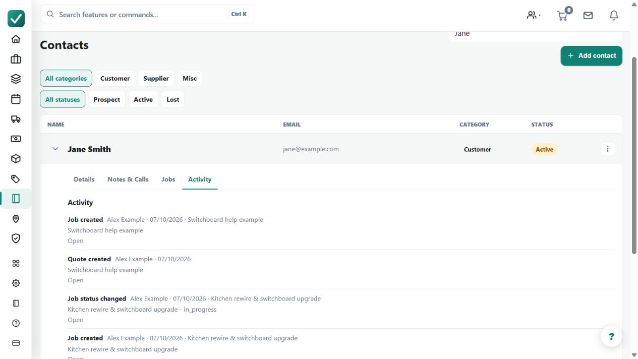 The expanded customer's Activity view brings related records into one place. The lifetime-invoiced amount depends on linked invoice records and is not a forecast of future value.