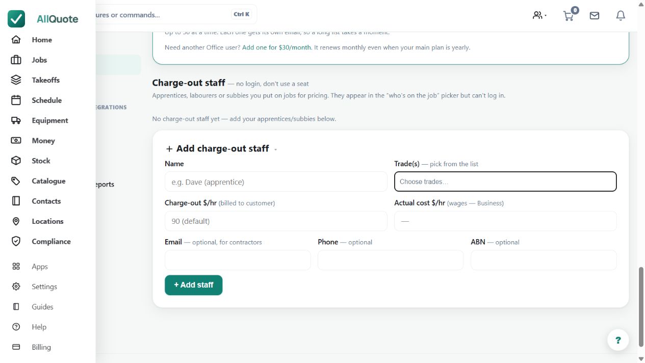 The charge-out staff form is the owner-side entry point for adding contractor details. This image does not depict a contractor's signed-in portal or prove access to an assigned job.