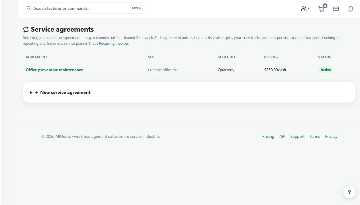 A fictional quarterly office-maintenance agreement is listed in the service-agreement register. Review its recurrence, billing mode and generated visits before scheduling work.