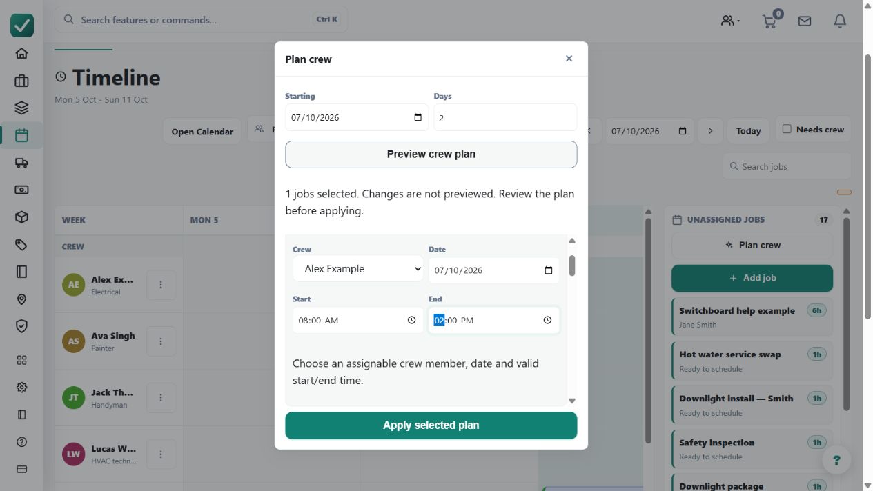The crew-plan preview contains an example placement for review before Apply selected plan. The screenshot does not establish an optimised multi-stop route or any fuel-saving benchmark; available actions depend on the enabled routing features.