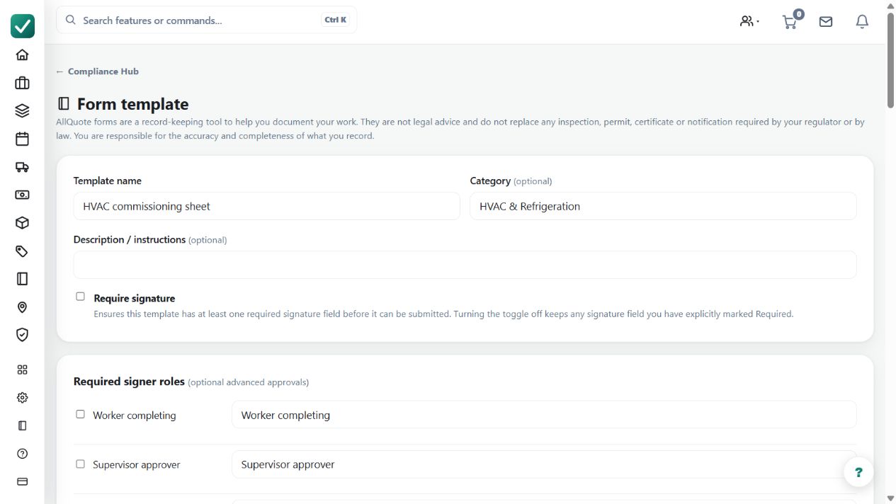 The editable HVAC commissioning template includes signer roles and configurable fields. It is a starting point to adapt and review, not evidence of regulatory approval or a completed inspection.