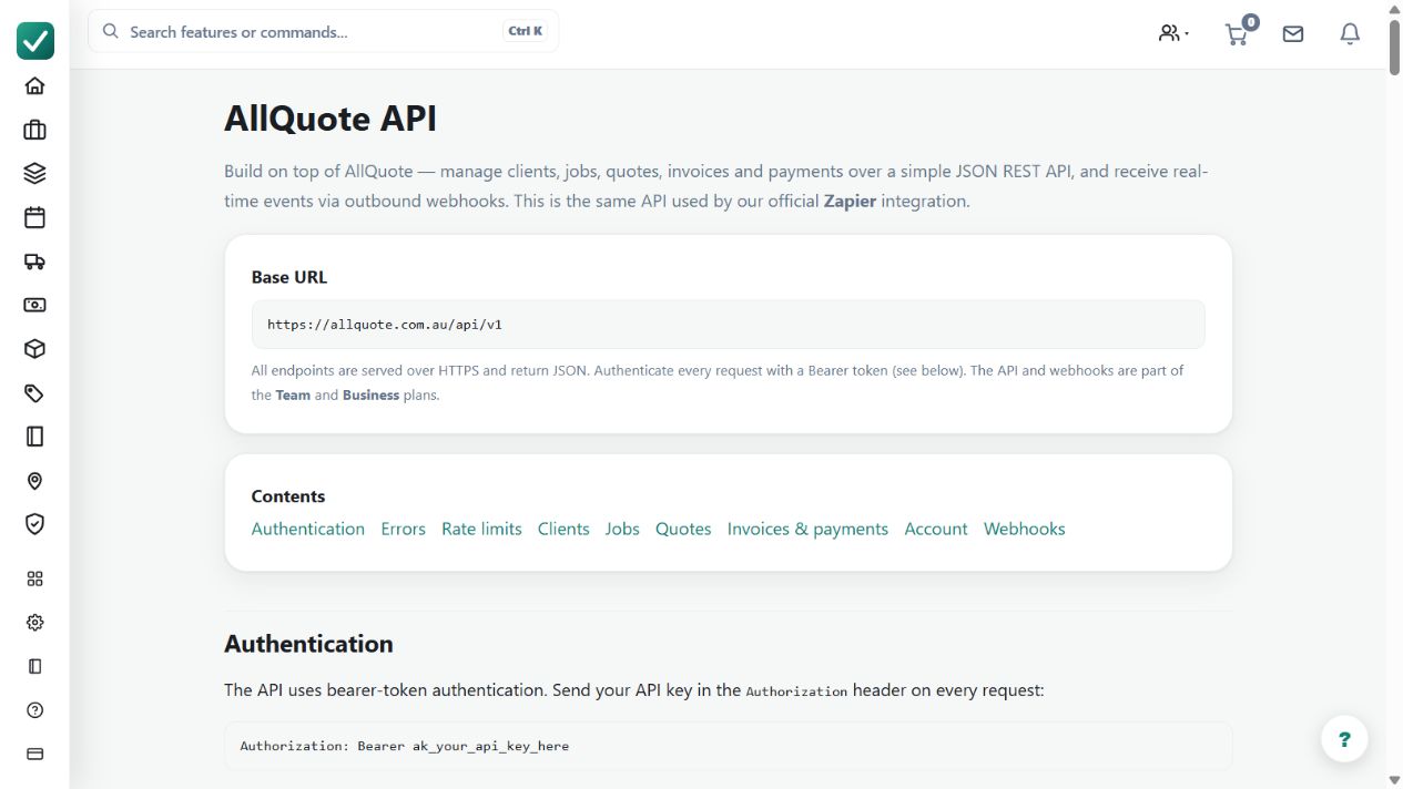 The API documentation describes authentication and integration entry points. Create scoped credentials only for the intended integration; this screenshot contains no live API key.