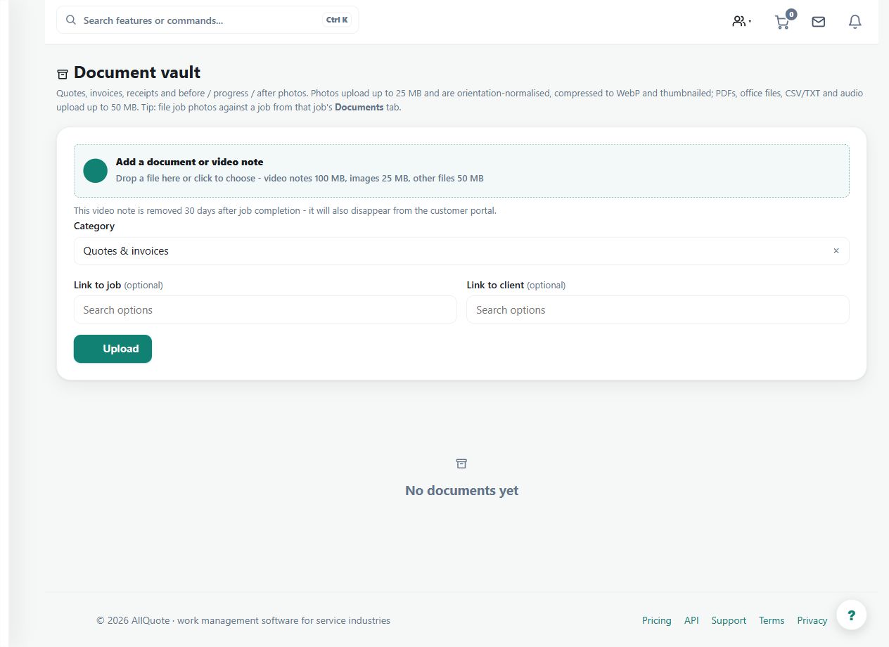 The Document vault's upload and access controls. This example shows the setup screen, not an uploaded customer document; choose the intended audience before uploading.