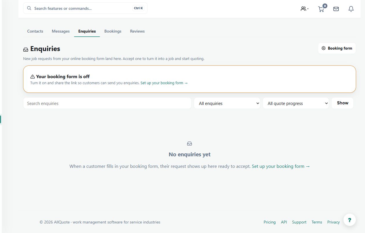 The enquiry inbox and filters are ready to review incoming requests. This example contains no received enquiries; create or convert a job only after checking the customer's scope.