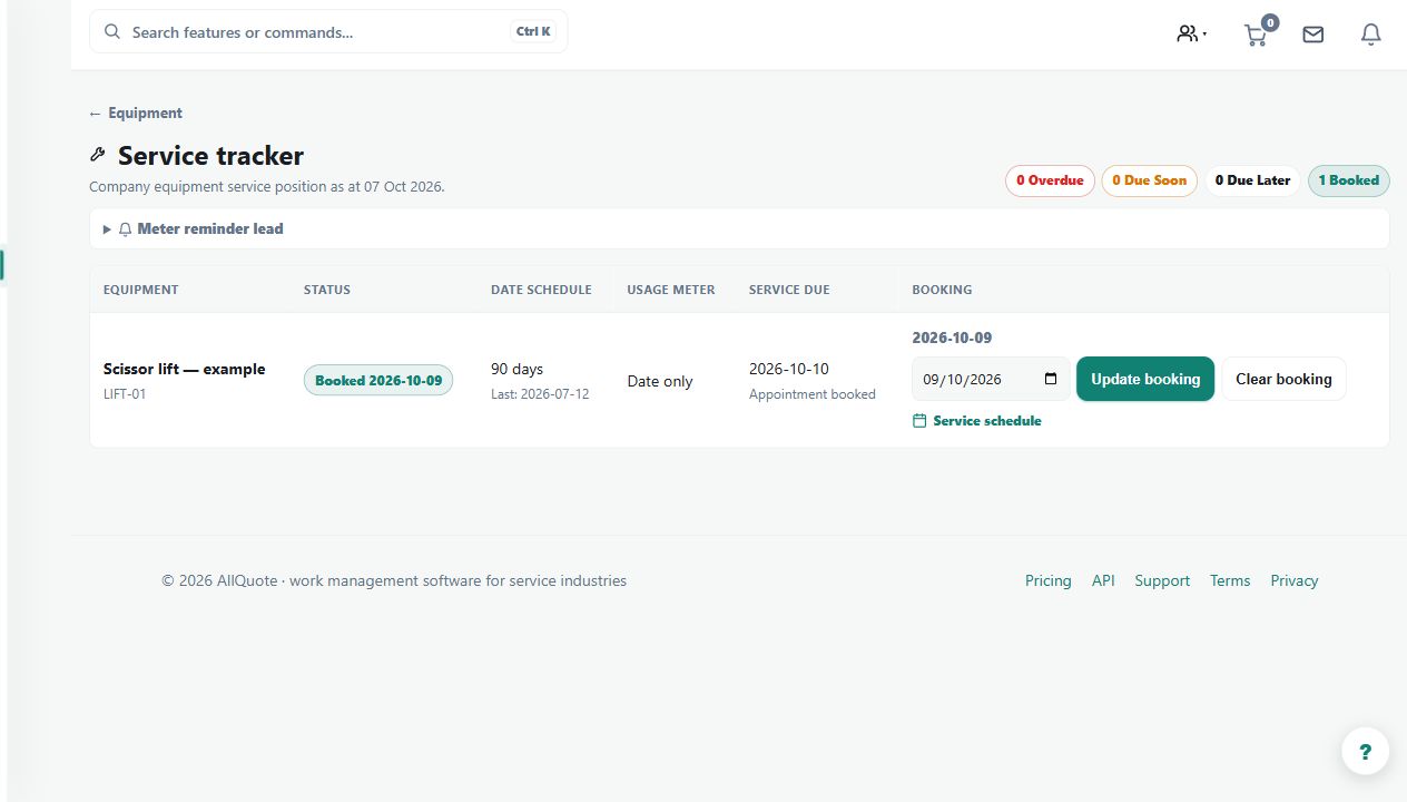 The lift's service tracker separates the due date from a booked service. A booking alone does not record that maintenance was completed.