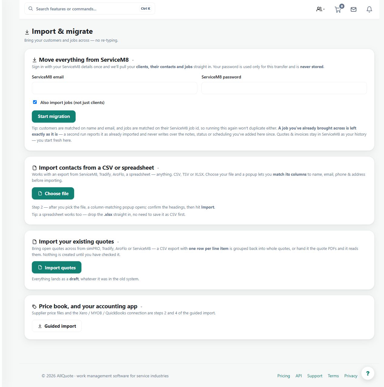 The import screen offers data-source and file choices. Review the mapping and preview before importing your own customer, job or catalogue data.