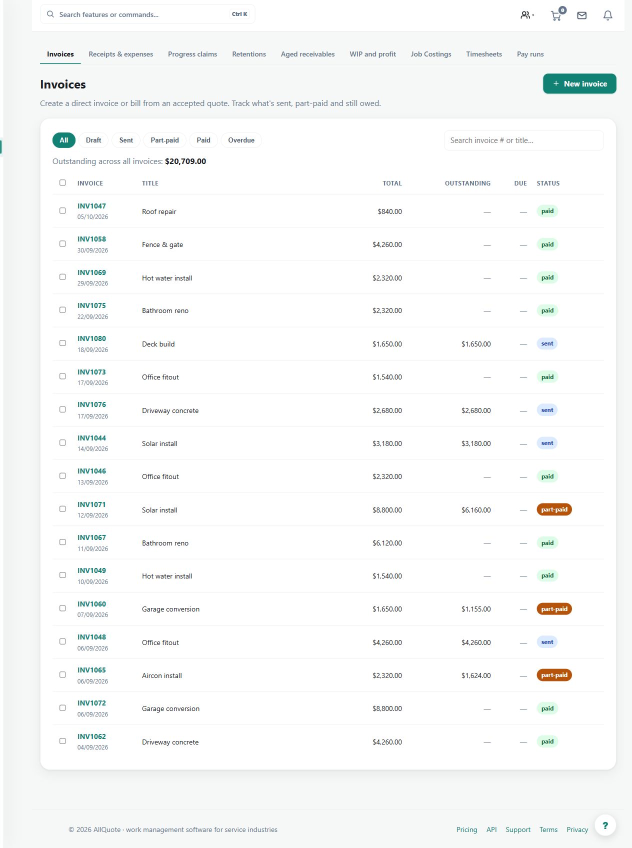 The Money list shows fictional paid, part-paid and sent invoices with outstanding balances. Open the correct invoice before recording or collecting a payment.