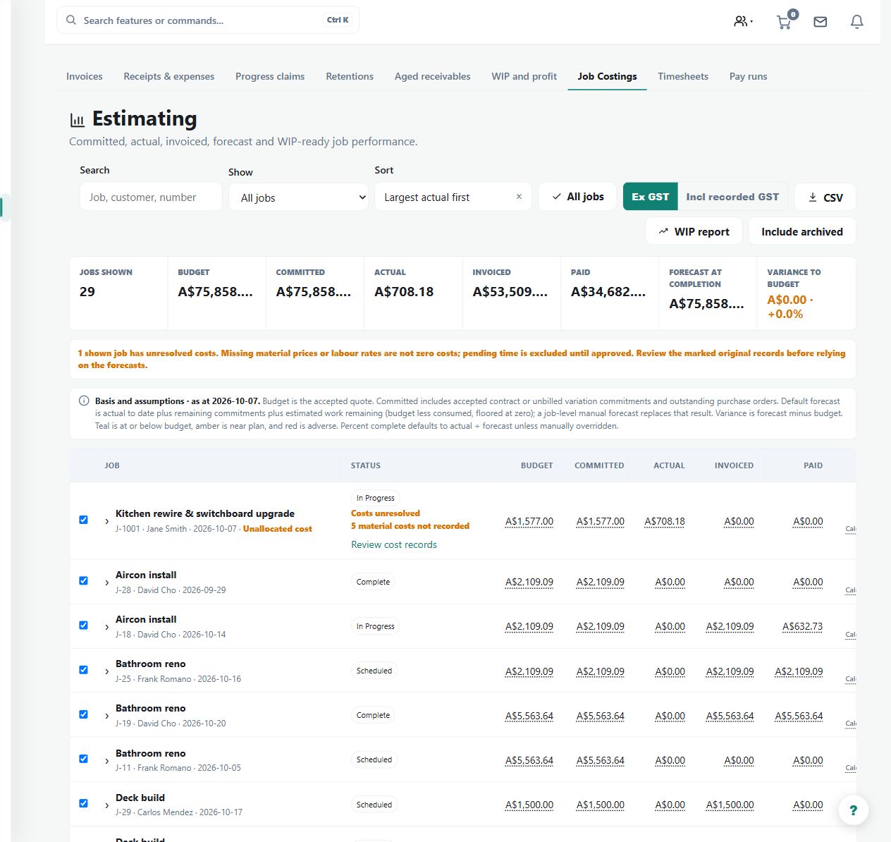 The job-costing report displays example job financials. Provider mappings and successful exports must be verified separately from the local costing view.