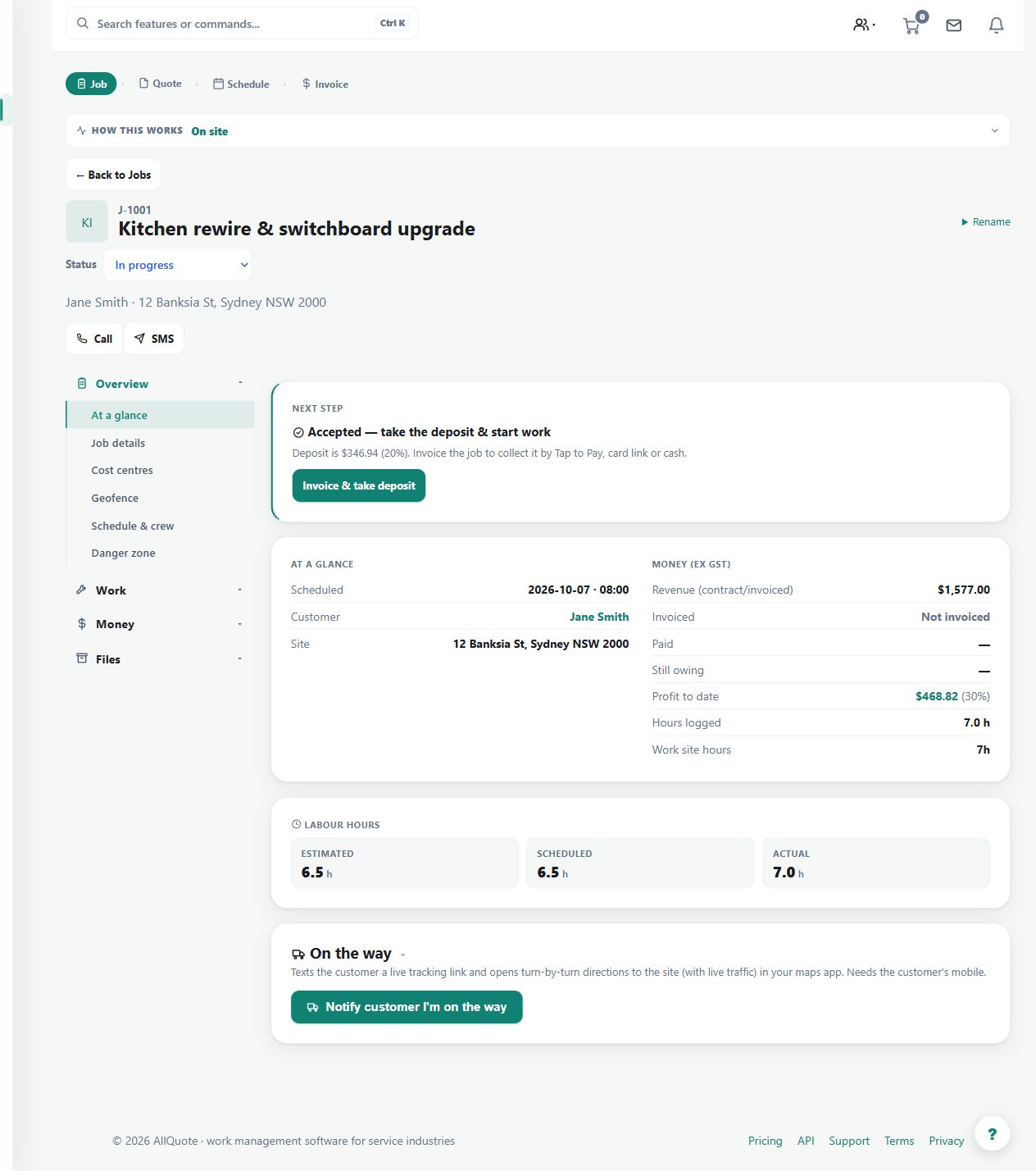 A populated job links its accepted quote, deposit, schedule, hours and financial position. A work status alone does not establish that every invoice has been paid.