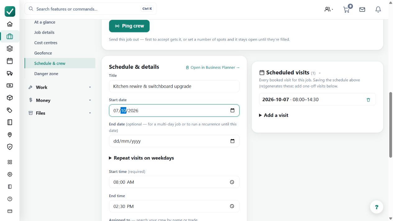 A saved example visit runs from 08:00 to 14:30 with Mia Harper assigned. Schedule dates, work completion and payment completion are separate records.