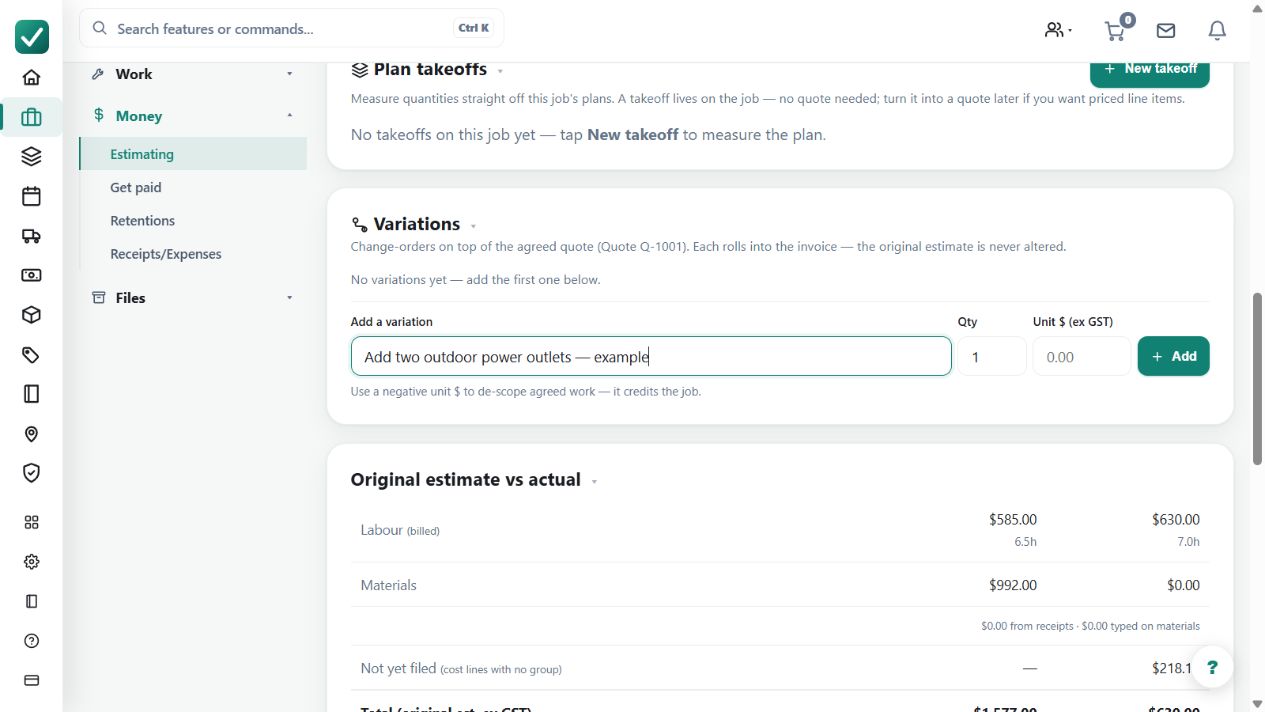 The variation entry area contains a draft request for additional work. This is a preparation example; it does not show customer approval or an issued variation invoice.