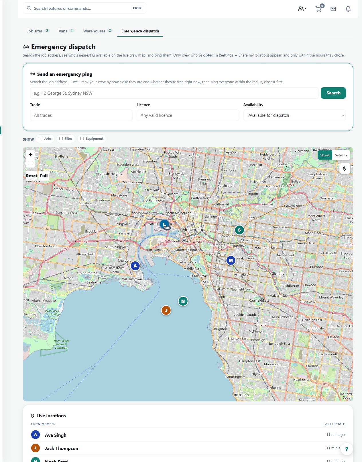 The emergency-dispatch screen shows fictional opted-in crew, last-update ages and an address search. No emergency ping was sent for this screenshot.