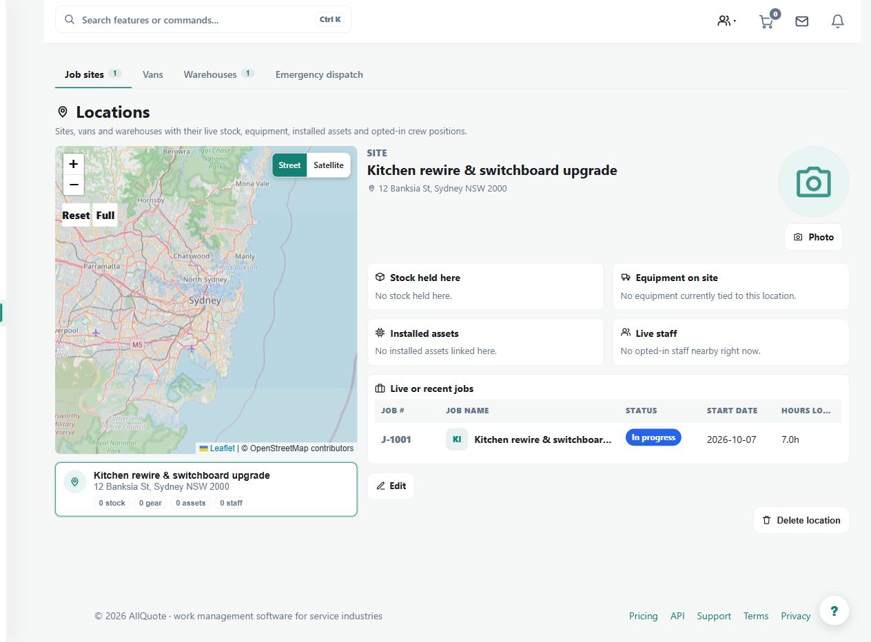 The locations hub groups job sites, vans and warehouses. Choose the correct location type before allocating stock, equipment or work.