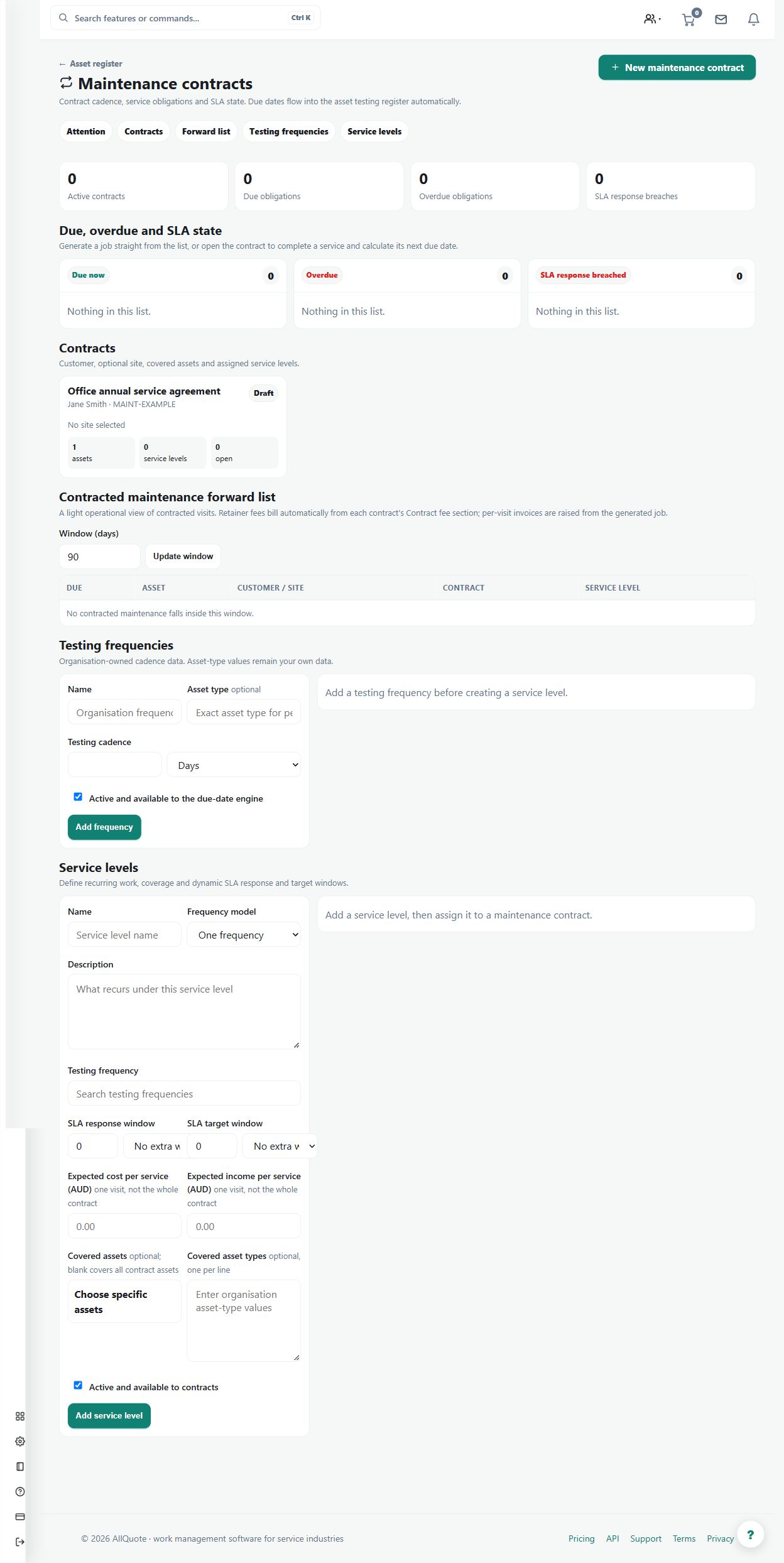 The office service agreement is a draft in the maintenance-contract register. Configure the service level, scope and any agreed retainer before activation; this example has not been billed.