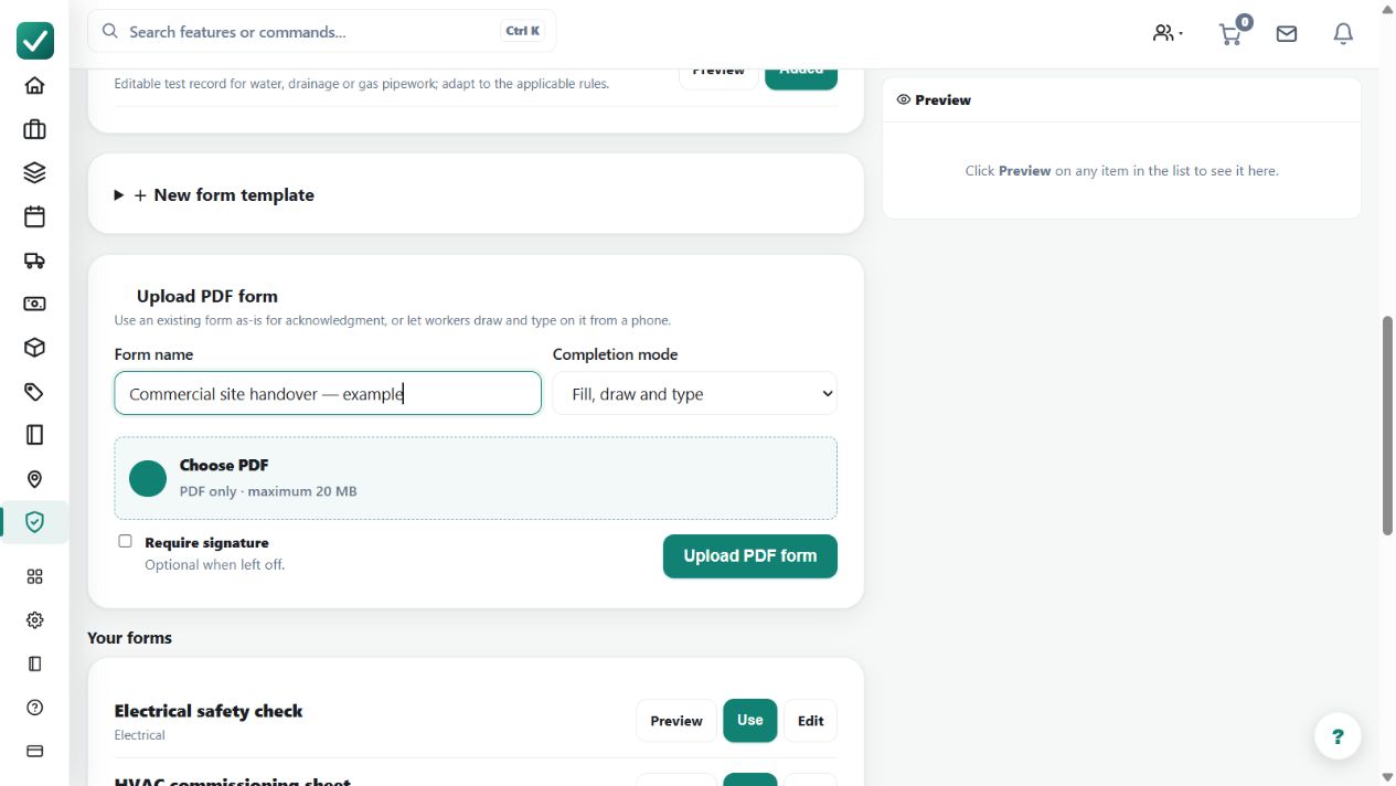 The existing-PDF upload panel is set to Fill, draw and type for an example commercial handover form. No PDF has been completed here; upload an approved source and verify every page before locking a completed record.