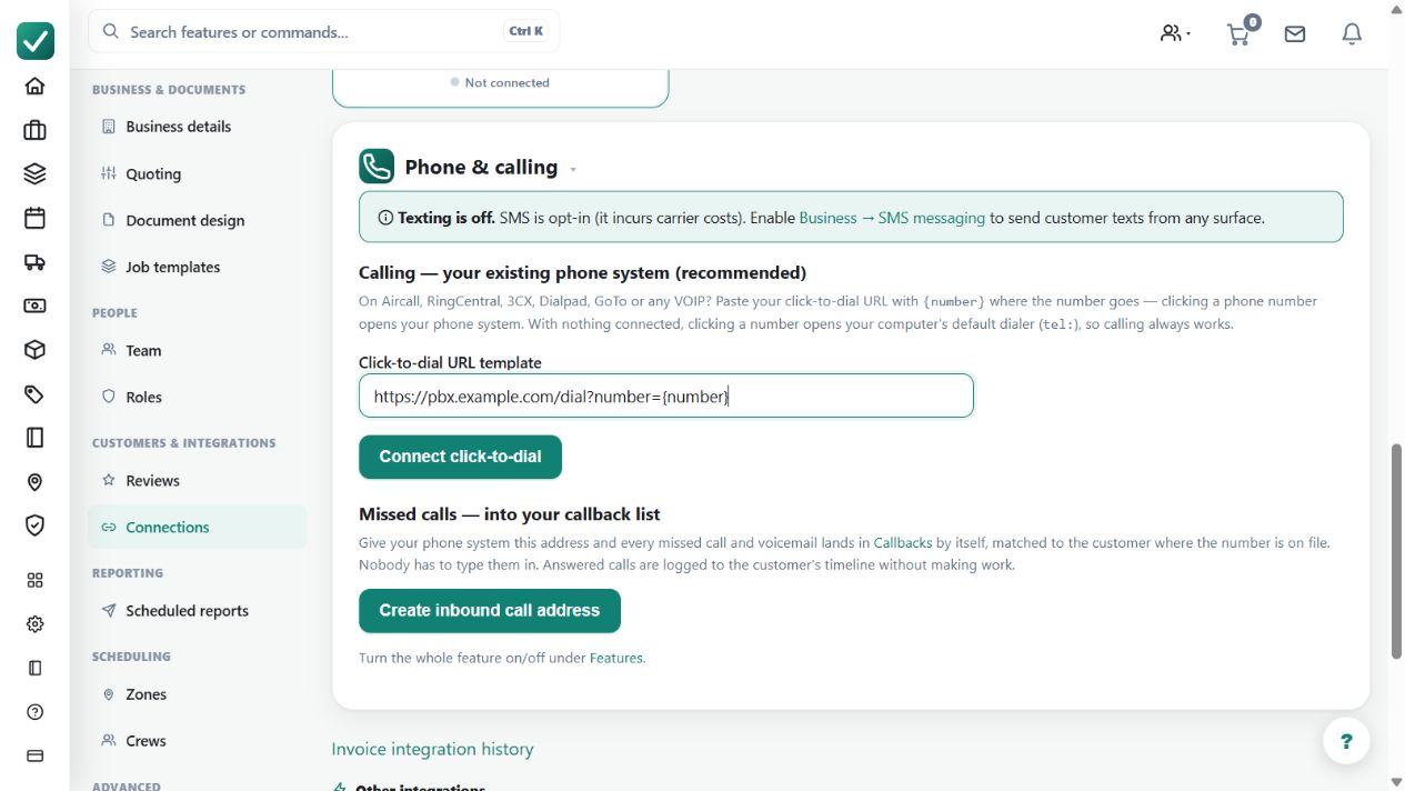 The calling panel contains an illustrative click-to-dial URL using the {number} placeholder. It has not been connected; real calling uses the configured provider or the device's dialler.