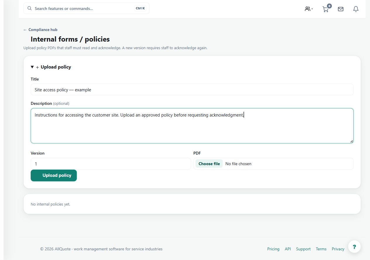 The policy-upload form has an example title, description and version. Add the approved PDF and verify acknowledgments; this screenshot does not show an acknowledged policy.