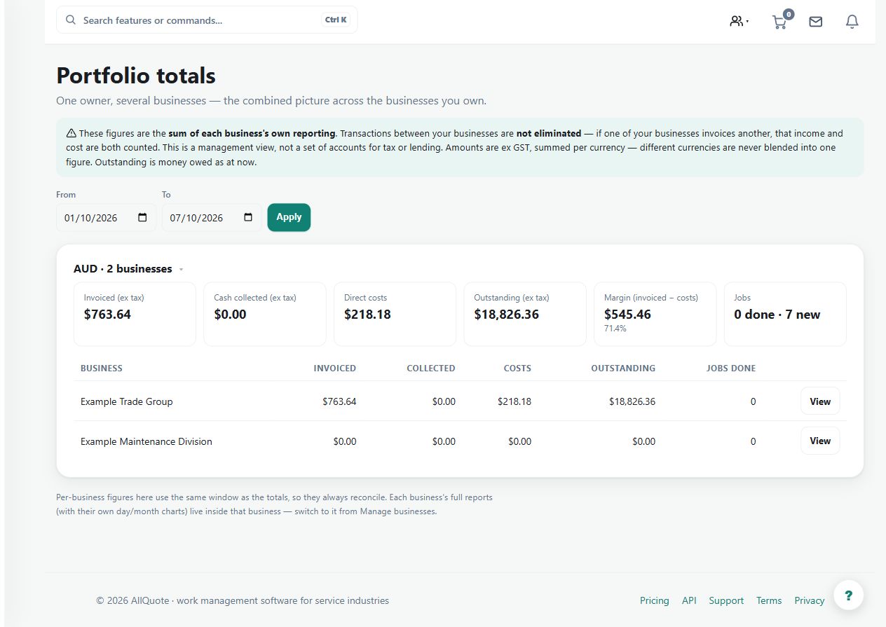 The portfolio view lists Example Trade Group and Example Maintenance Division. Totals are limited to businesses the signed-in owner is authorised to view.