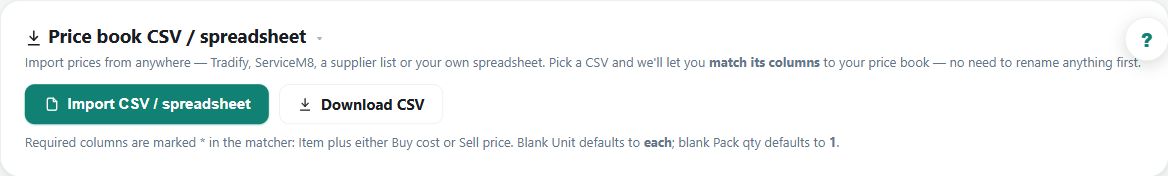 The CSV panel offers column matching for imported item prices and an export. Price-book cost data and physical stock quantities are distinct; verify the import type and stock ledger separately.