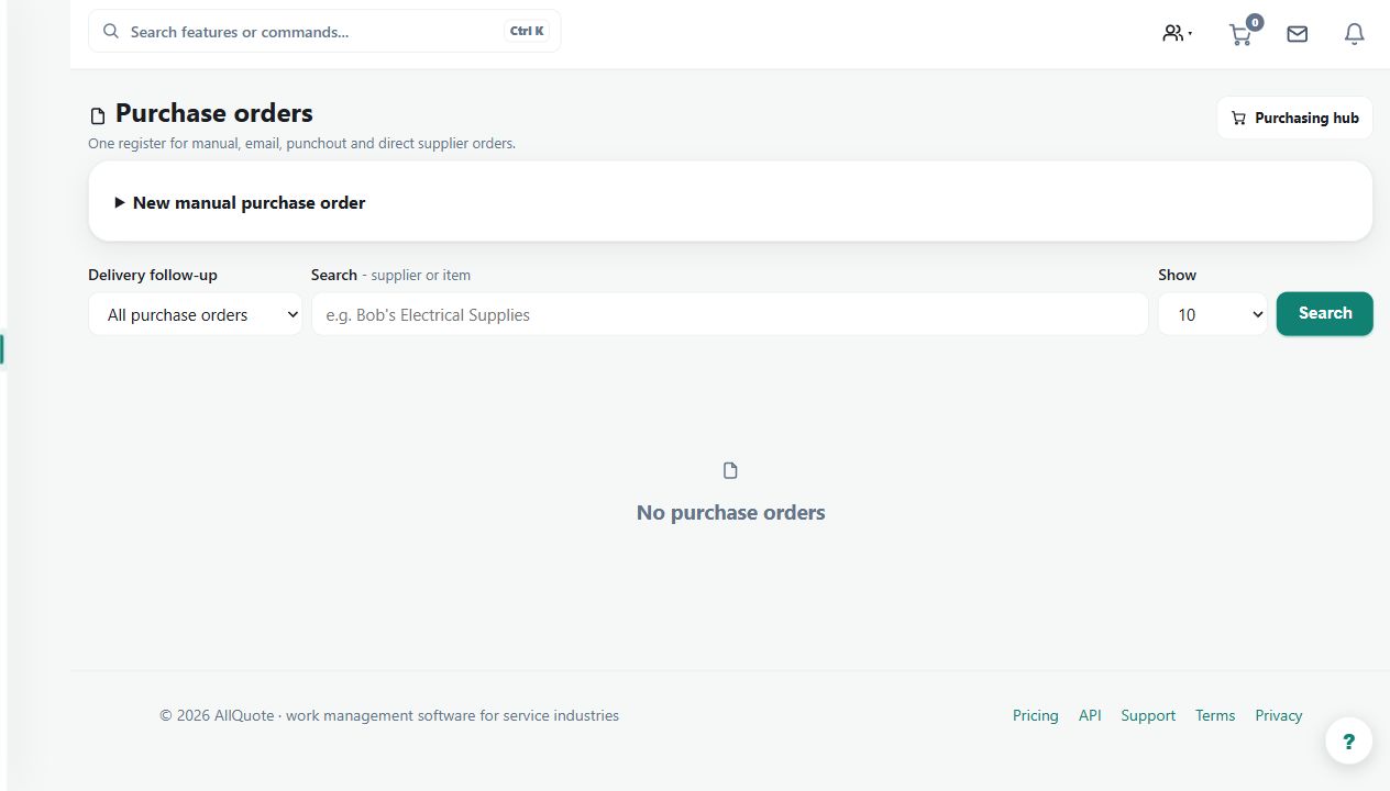 The purchase-order screen provides the ordering entry point. This screenshot shows preparation controls, not a submitted supplier order or confirmed delivery.