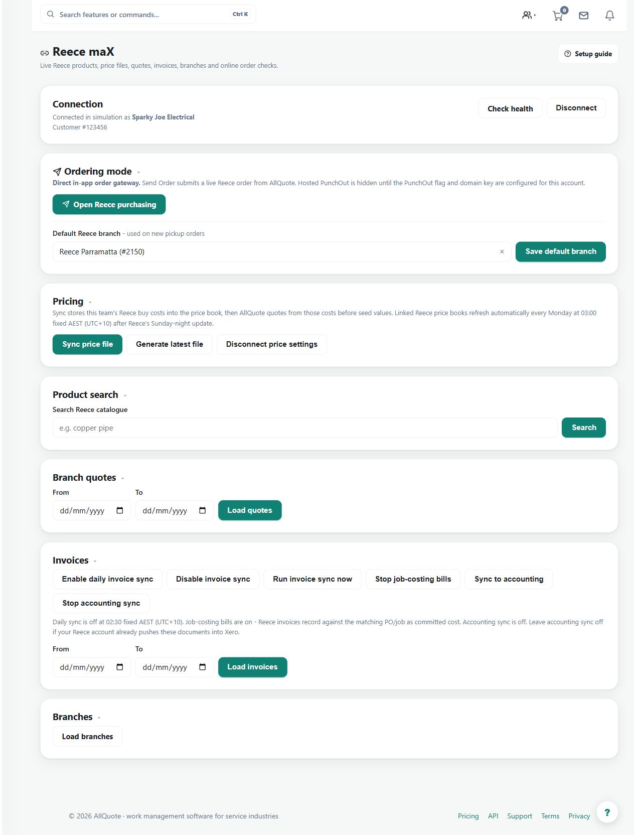 The Reece integration screen is explicitly in simulation. Real catalogue access requires the relevant account connection and supplier entitlement; example prices are not live trade prices.