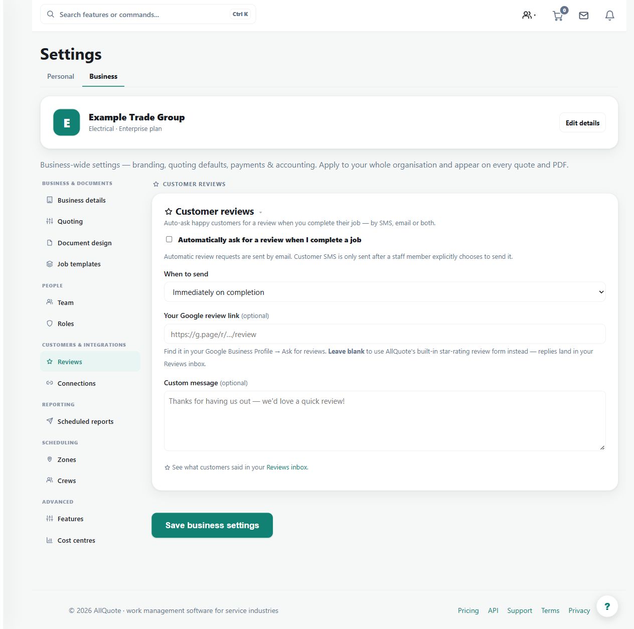 Review-request settings show how the business prepares its review workflow. There are no fabricated customer reviews or testimonials in this example.