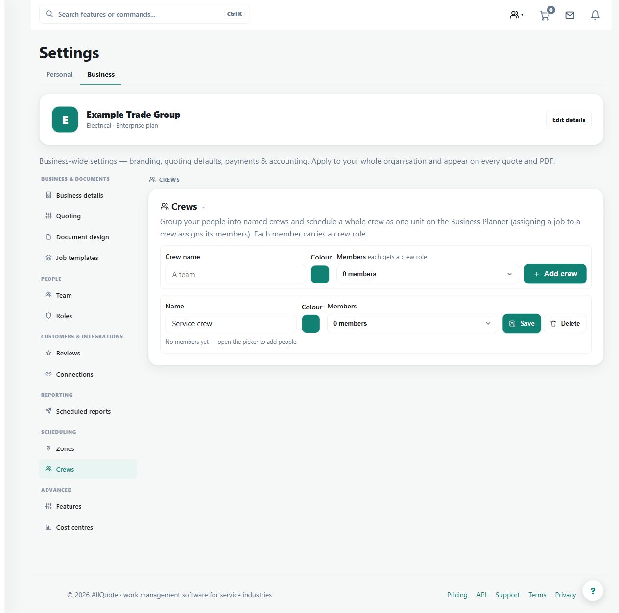The Service crew scheduling group is configured in business settings. A crew group does not grant permissions or replace each member's availability and qualifications.
