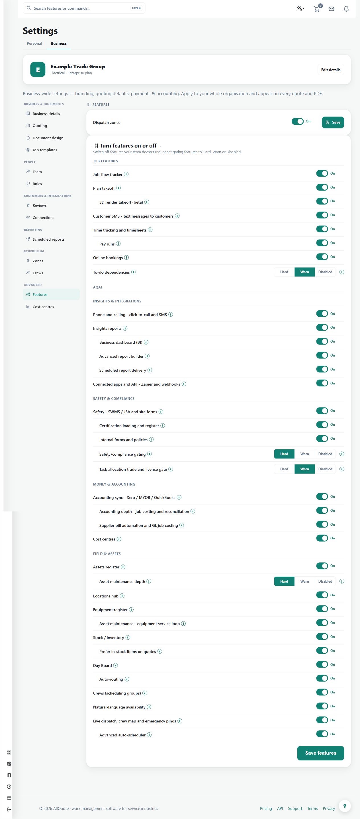 Business feature settings control which enabled areas appear for the organisation. Plan entitlements and role permissions still apply independently.