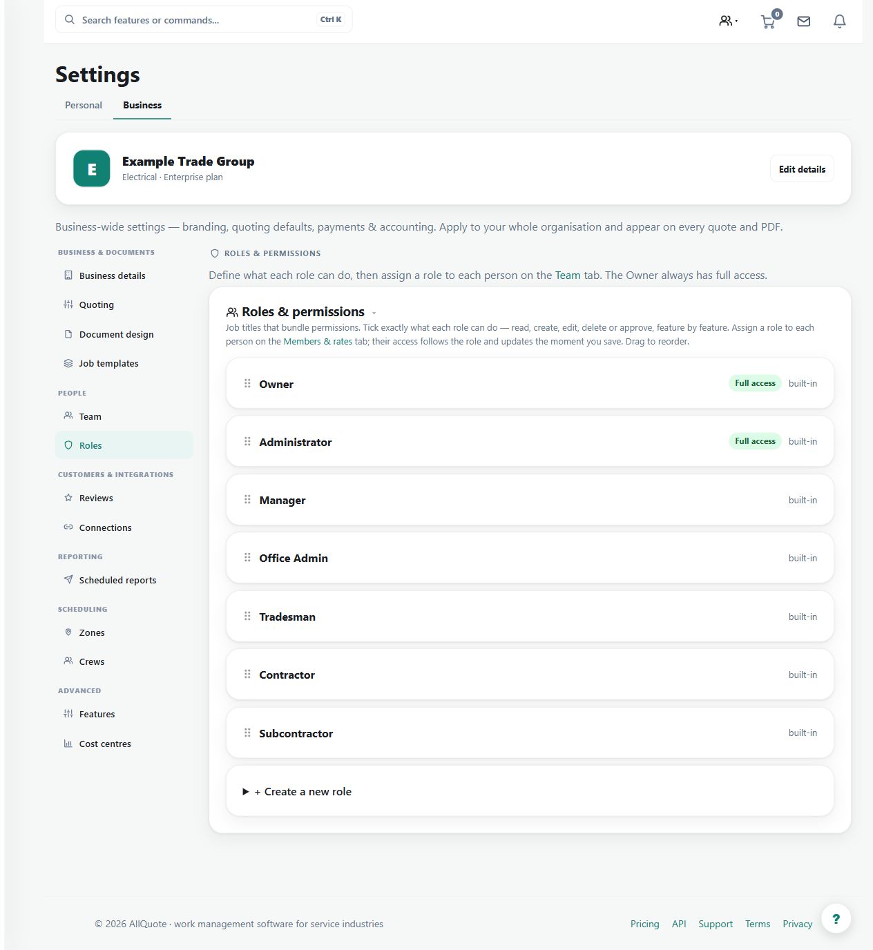 The role settings expose permissions for the example organisation. A screenshot of a role does not grant access; save and verify the intended permissions with that role.