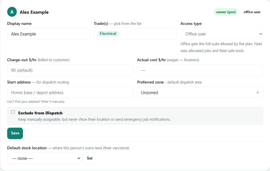 The team screen lists fictional workers and their business roles and rates. Review cost rates separately from charge-out rates and grant only the intended access.