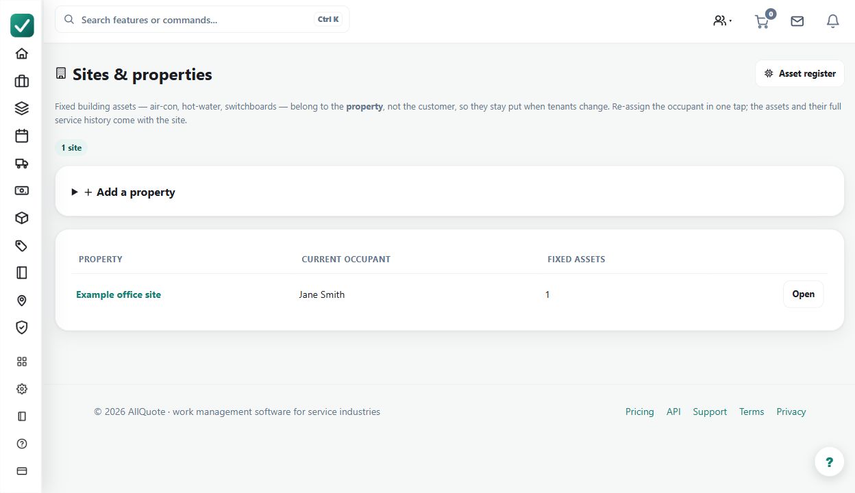 The example site register links a property to its customer and fixed assets. Verify the site address and ownership before changing occupants or moving an asset.
